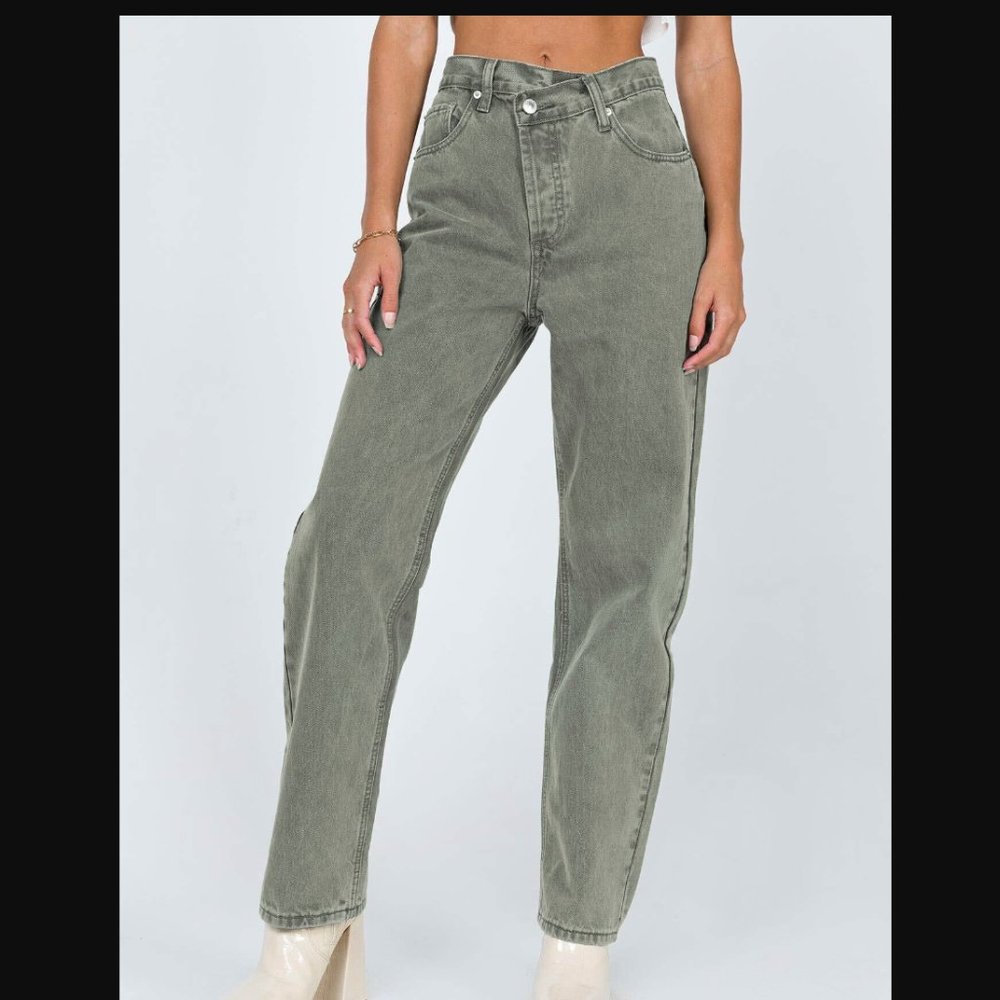 Princess Polly Holly Asymmetric Straight Leg Jean Green Denim